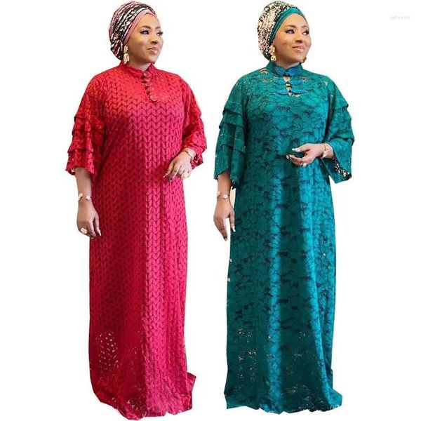 Vestidos casuais mulheres luxuosas renda cheia hollow out vestido africano tradicional boubou robe dashiki long muçulmana mais abaya kaftan roupas
