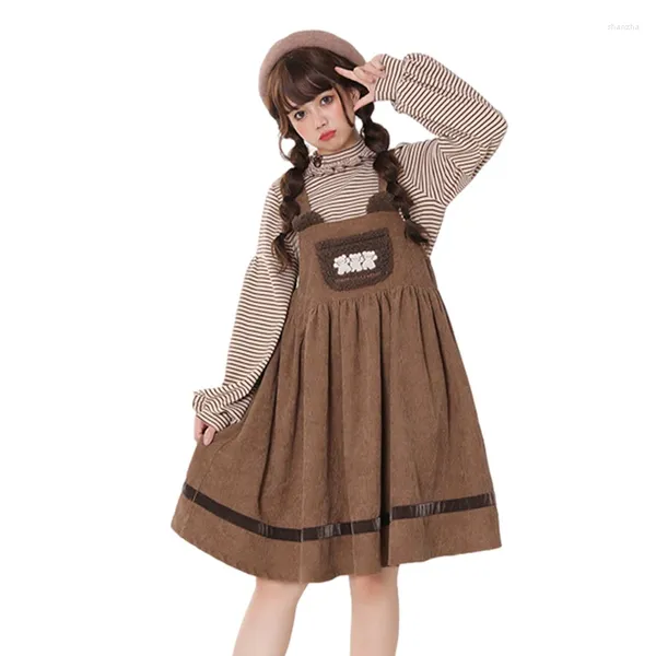 Повседневные платья винтажные каваи -мультипликационные платье подвеска подростка девочки Lolita милая вельветовая коричневая комбинезон Женский рука