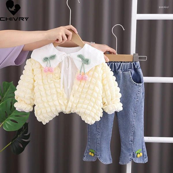 Kleidungssets 2024 Kinder Herbst Mode süßer Kirsch-Lappelmantel mit Jeans Jeans Baby Girls Casual Dreiteiler