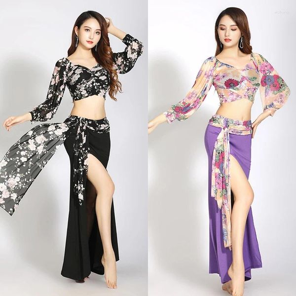 Stage Wear Belly Dance Pract Abbigliamento Bishop Maniche Top Oriental Principiante Mesh Floral Stampa Feral Performance Costume