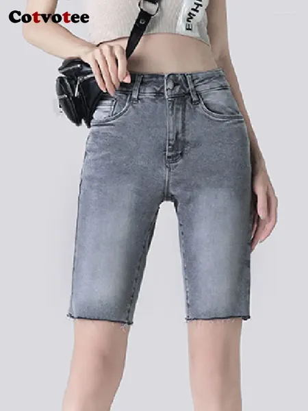 Jeans femminile yitimuceng High Waist per donne 2024 Fashion Burr Grey Biker Shorts Vintage Chic Knee Lunghezza Y2K