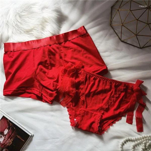 Calcinha feminina 2pcs homens e shorts vermelhos vermelhos casal de roupas íntimas