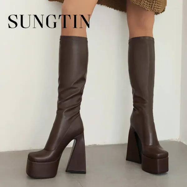 Botas Sungtin Sexy Chunky Heel Platform para Women Basic Square Knee Knee High Style Punk Black White Slip-On Shoes Feminino