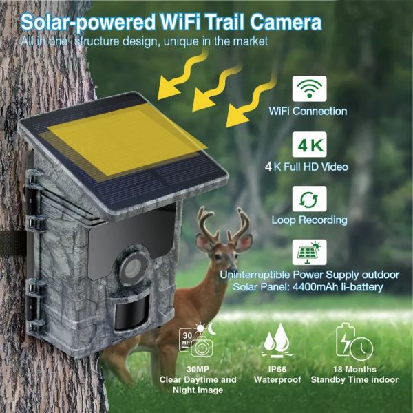 Accessoires Solar Powered Trail Kamera 4K 30MP WiFi Bluetooth Game Kamera Wildlife Überwachung Outdoor wasserdichte IP66 Nachtsichtkamera