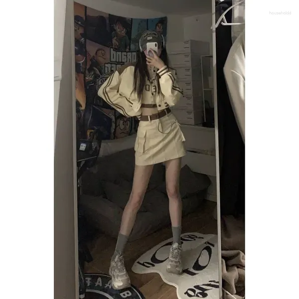 İş Elbiseleri Koreli Kpop O-Beeck Uzun Kollu Beyzbol Ceketleri Kadınlar İçin Üst Yu Yelek E-Girl Yüksek Bel Etekleri Y2K Grunge Üç Parçalı Setler