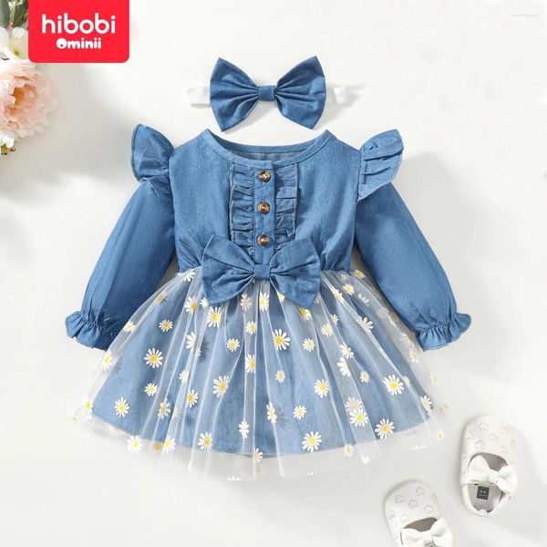 Kız Elbiseler Hibobi Bebek Yuvarlak Boyun Şık Zenli Eğlence Yay Knot Fırfır Dekor Uzun Kollu Çiçek Kafesi Birleştirme Elbise Kafa Bandı