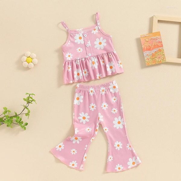 Kleidungssets Kleinkind Baby Girl 2 Stück Sommer Kleidung Daisy Bell Bottoms Outfit gerippte Strickhülsenlos