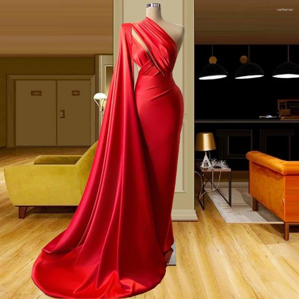 Partykleider sexy rote lange Abend One Schulter Satinkleider plus Größe einfacher Kleid Mermaid Abschlussball
