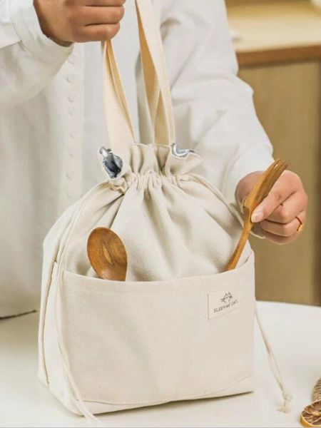 Çantalar Drawstring Tuval Yalıtımlı Öğle Yemeği Çantası Kalın Alüminyum Folyo Termal Bento Kutu Ofis Açık Hava Piknik Tote Soğutucu Çantalar