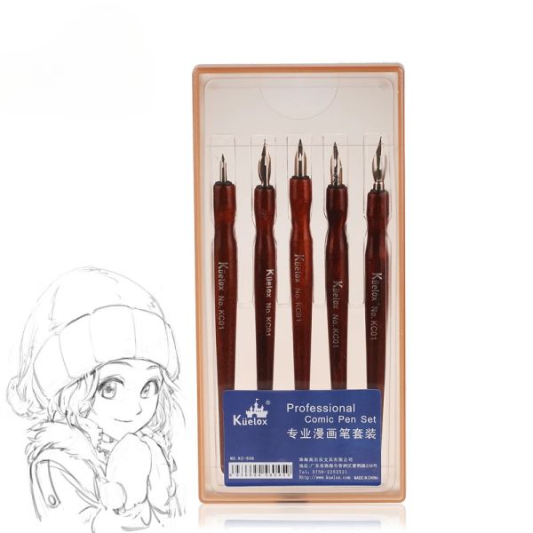 Ручки 5pcs Comic Pen Dip Pen Set Set Деревянный держатель ручки фонтана G/D/Whististle/Round Nib Student Animation