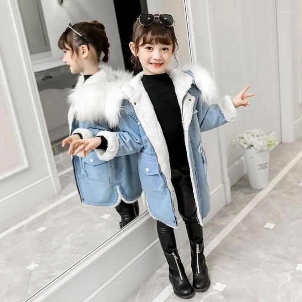 Down Coat Girls kış kot pantolon 2024 tarzı Kore tarzı fırçalanmış ve kalın pamuklu giysiler küçük kız batı