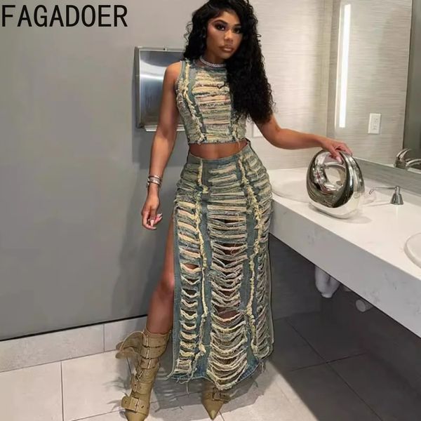 Fagadoer Fashion Streetwear Women Denim Hole Hollow Hollow Sleesess Crop Top e Slit Slit Saias de duas peças conjuntos de cowboy sexy 240412