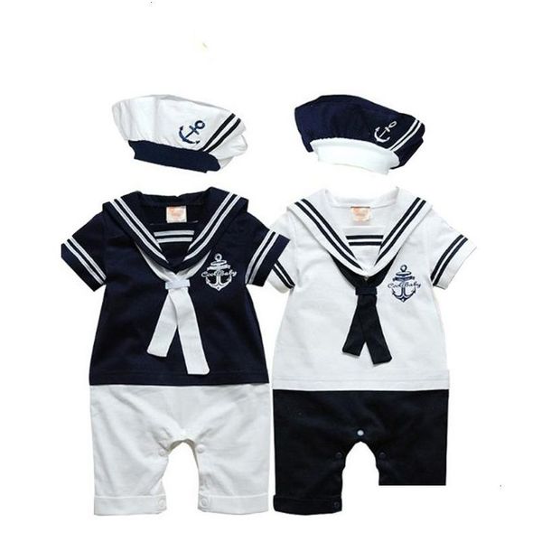 Artırıcılar Bebek Donanma Romper Yaz Born Born Boy Kız Kız Denizci Tulum Şapkası 2pcs Vücut Kısa Kol Ankraj Baskılı Takım 230812 Bırak Deli