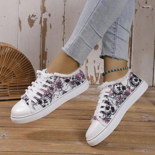 Sapatos casuais mulheres Halloween Skull Printing Canvas 2024 Autumn Fashion Comfort Lace respirável Up Flor Flors Sneakers Ladies