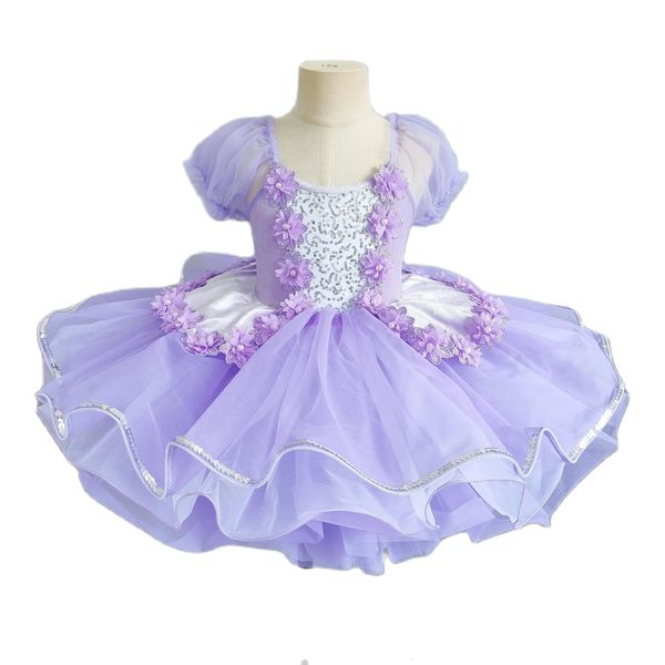 Costume de dança de lantejoulas para crianças para meninas performance traje de saia pufffy girl girwalk dança vestido roxo 240411