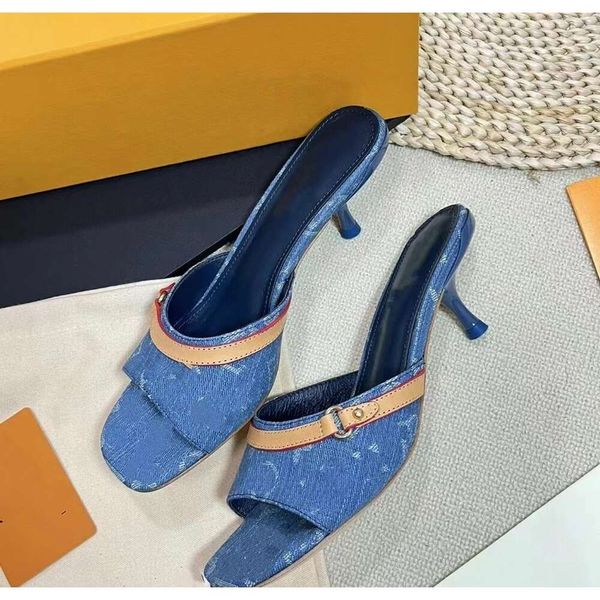 Terlik Tasarımcılar Sandalet Terlik Kadın Ayakkabı Makara Topuklu Moda Baskı Denim Cowhide Patchwork Yüksek Topuklu Kadınlar Sandal Yenilik Slipper