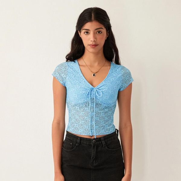 Magliette da donna a manica corta t-shirt in pizzo ritagliato Donne Summer Color Solid Crop Tops Streetwear
