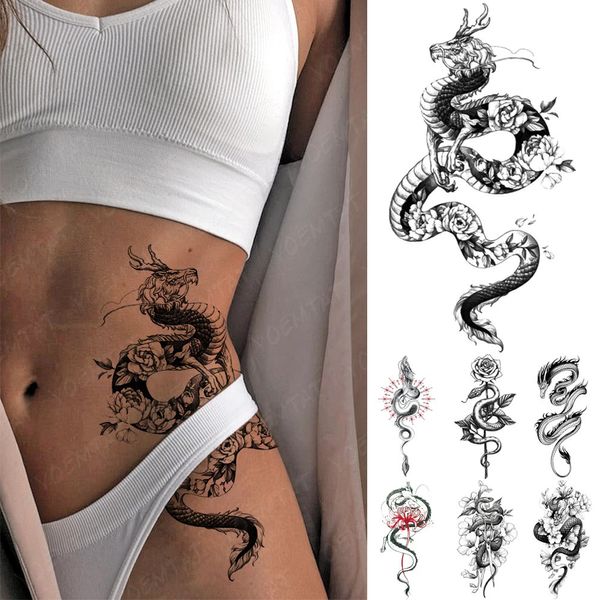 Wasserdichte temporäre Tattoo Aufkleber Schwarz Dragon Schlange Pfingstrose Rose Totem Flash Tatto Frauen dunkel sexy Taillenarm gefälschter Tattoos 240418