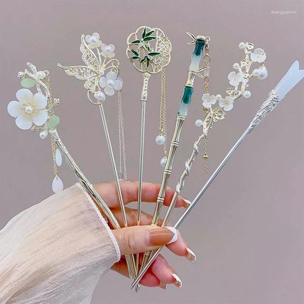 Haarklammern Perle Quasten klassische chinesische Stickstifte Frauen Schmetterling Blume handgefertigte Haarnadel Charme Schmuckzubehör Ornamente Ornamente