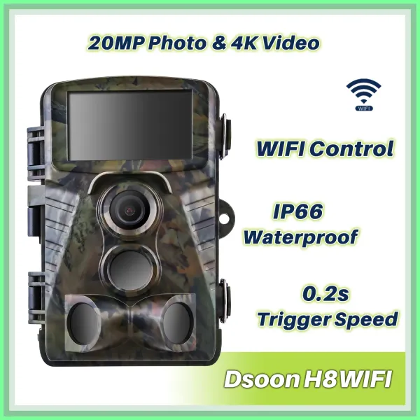 Камеры DSOON Охотничья камера H8WIFI 20MP 4K Дикие животные Тропа Двойной камера Wi -Fi Управление приложениями.