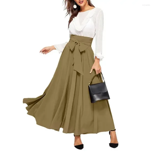 SAIRS Mulheres saia Lace-up Cintura alta A-line Big Swing Wide Band Pleated Lenged Length OL Vanily Style Spring Faldas Para Mujeres