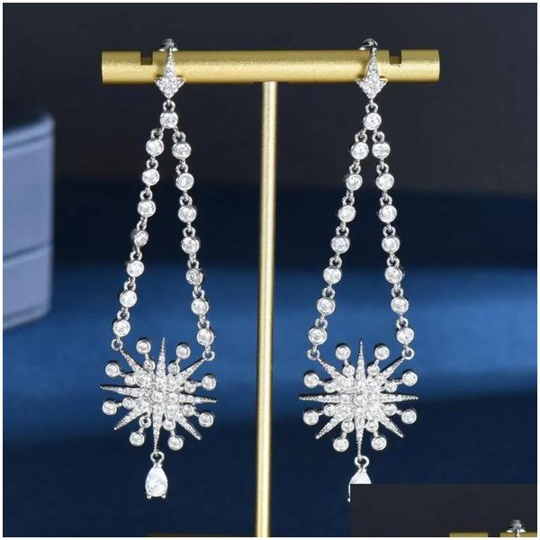 Brincos de lustres de candelabro de moda Fashion Starling Star forma de ouro branco CZ zirconia Stones Big Long Drop For Women Bridal Party E-109 DH1W4