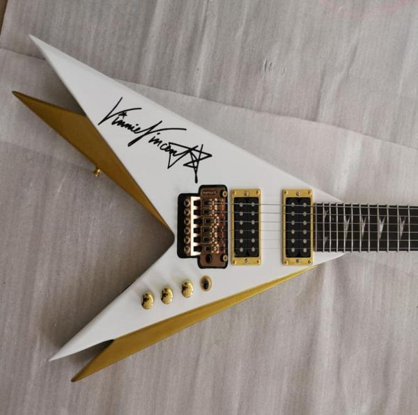 Редкий Double V Kiss Vinnie Vincent Pearl White Gold Flying V Электрическая гитара Floyd Rose Tremolo Lawsepecing Bocking Nut Gold Hard8912068