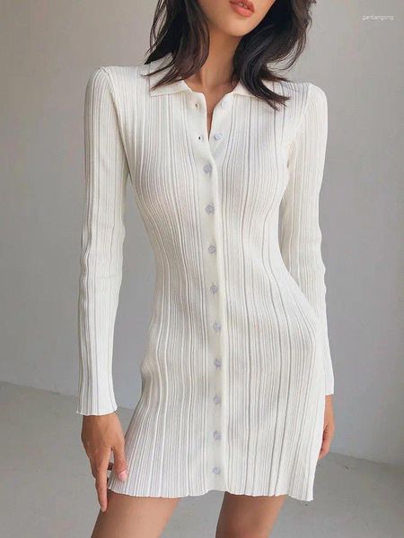 Abiti casual autunno bianco maglia mini abito a seno singolo per donne maniche lunghe nere elegante bavaglio a una linea