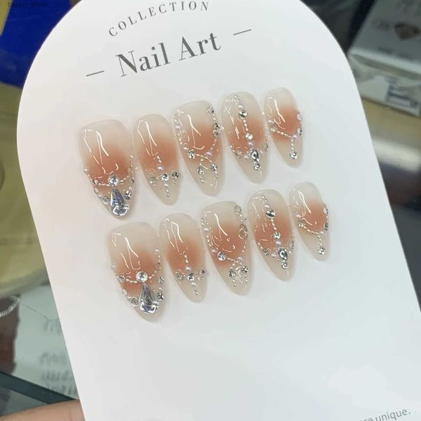 Falsche Nägel 10pcs Mandel handgefertigt Blush Press auf Nägeln Französisch Strassdekoration Falsches Nagelstuf