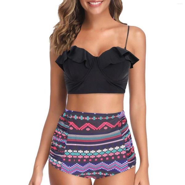 Menas de banho feminina Bohemian Print Bathing Suit Ruffles Splicing Ajuste Ajuste Biquíni de cintura de altura do maiô de verão para mulheres