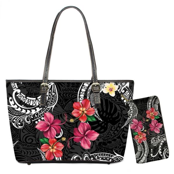 Taschen Dropshipping Custom Stammesstil Frauen große Umhängetasche Polynesian Hibiscus Plumeria gedruckte weibliche Handtasche PU Leder Tasche Tasche