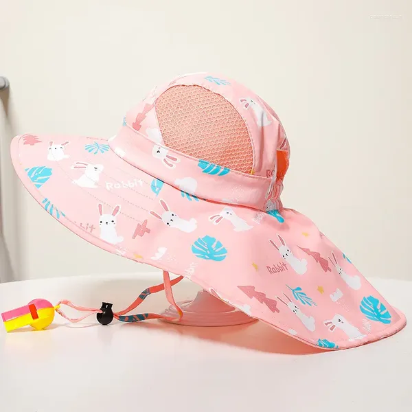 Berets Sommerkinder Sonnenhut mit Nackenklappe Gurt Wide Bim Beach Hats Eimer UV Schutz Panama Mütze für Jungen Mädchen im Freien