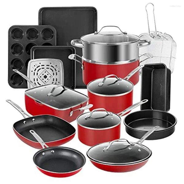 Kochgeschirrssätze 20 PC rotes Nicht-Stick-Set Diamond Coating Bakware Gesunde umweltfreundliche Aluminiumzusammensetzung Herdoper/Ofen sicher 10 Jahre