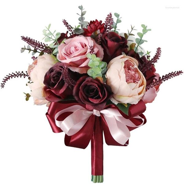 Flores decorativas Burgondy Pink Rose Bouquet - Champagne Blush Blooming Peony com Eucalipto Casamento Perfeito Real Perfect