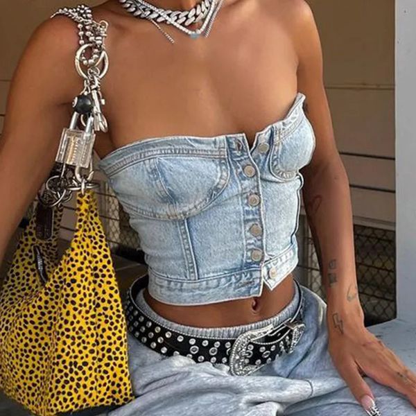 Pulsante da donna Down Denim Bustier Crop top top jeans senza spalline corset backles spingendo canotte vintage harajuku streetwear 240407