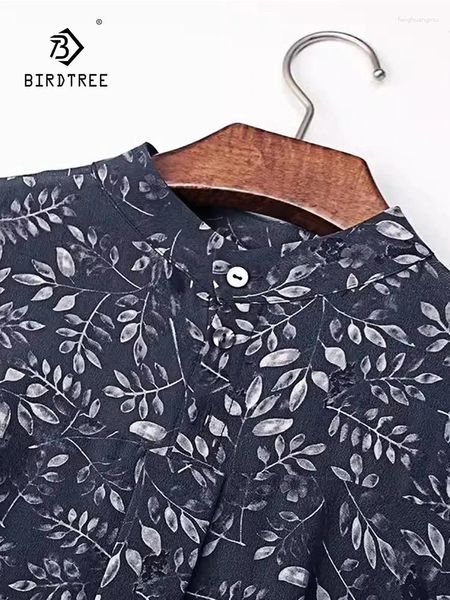 Blouses feminina Birdtree Temperament Flor Impresso Blusa solta 2024 Spring Camisa de seda real Stand Stand Collar T42203QC