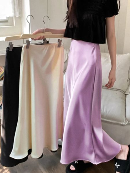 Eleganti gonne femminili in alto in seta in seta satinata aline Signora Lady Fashion Color Solid Purple Long For Women 2024 240418