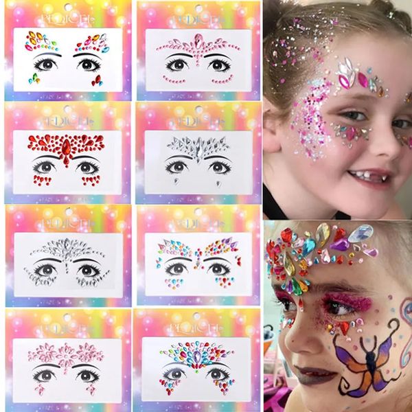 Adesivi per trucco per bambini colorati Crystal Diamonds Gemstones Girl Holiday Glitter Party Auto adesiva Tatuaggi per gli occhi 240418