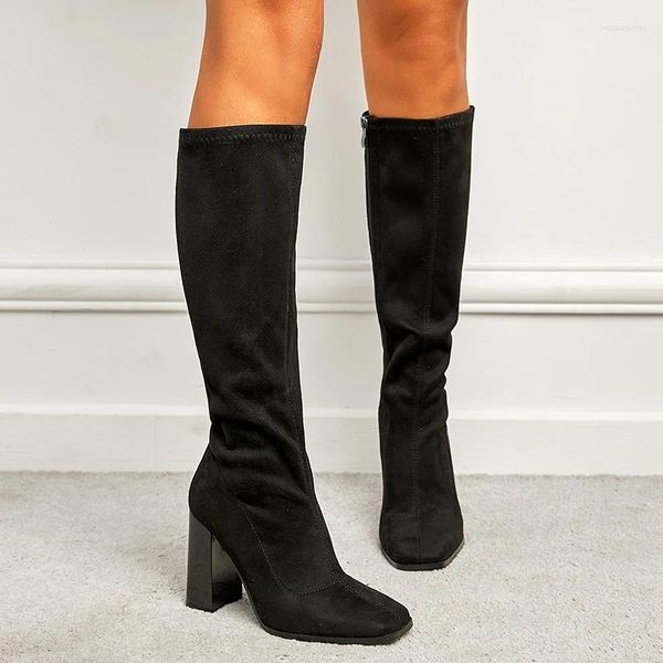 Botas de inverno zíper de camurça de salto alto grosso dos sapatos femininos Tubo longo Black Sexy Gladiator Tamanho 35-42 joelho