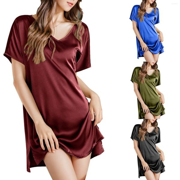 Frauen Nachtwäsche sexy v Neckseitenschlitz Nachtchress Satin -Pyjamas Taschen kurzärmelige Nachthemd Sommerschlafkleid Festkleid