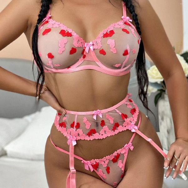 Reggiseni set da donna sexy set di biancheria intima set da donna Amore cavo stampato carino bownot a tre pezzi trasparente ragazza piccante lingerie