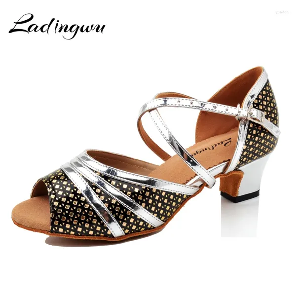 Tanzschuhe Ladingwu Großhandel Ballsaal für Frauen PU Silber Square Lateinische Frau weiche untere Heels 5 cm