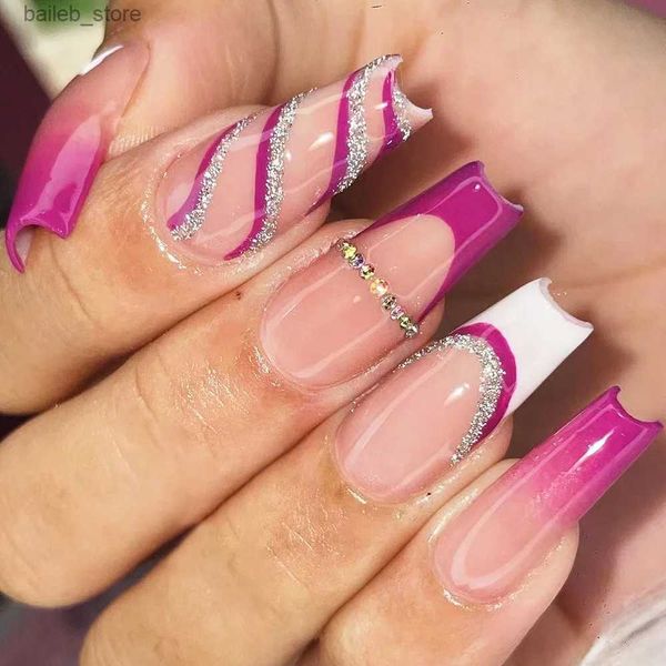 False Nails French Purple Long False Unhas com Balé de Gradiente de Borda Branca unhas falsas com diamante Pressione Pressione na unha Manicure y240419jt9i