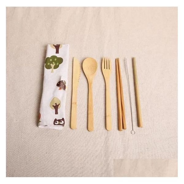 Set di stoviglie set da cucchiaino di bambù in legno per le gighette da cucina con cucina con sacca di stoffa cucine cucina utensili per cucina utensile goccia dhiove dhgrz