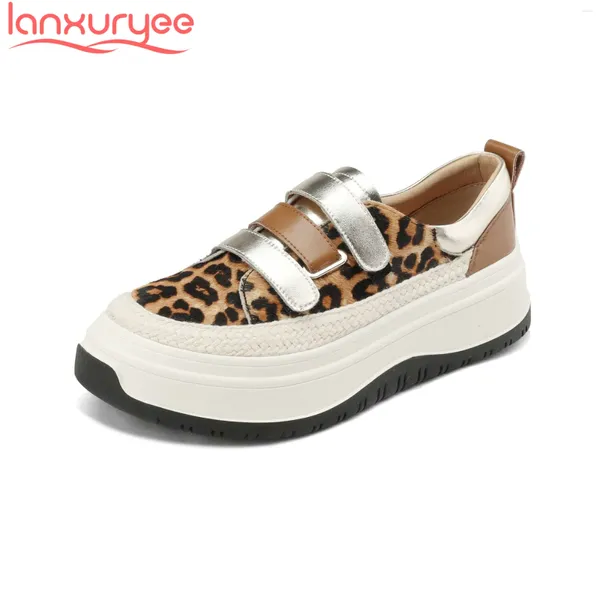 Lässige Schuhe Lanxuryee Horsehair High Heels Dicke Boden Leopardenmuster Frühling Frauen vulkanisierte elegante Ladungsstaaten Luxus -Mode -Sneaker