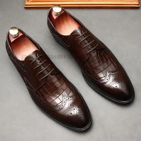 Vestido sapatos masculinos oxford genuíno couro artesanal de vinho preto de renda vermelha up brogue codificado de crocodilo formal para homens