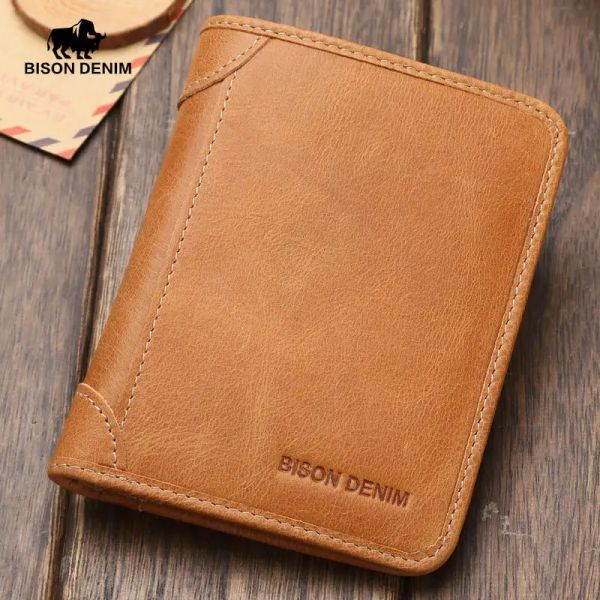 Brieftaschen Bison Denim echte Leder Männer Brieftaschen Vintage Triufold Wallet Card Halter Brand