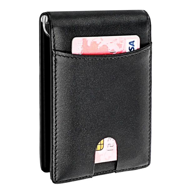 Brieftaschen Neue Anti -Rfid -Männer echtes Leder Geld Clip Wallet BIFOLD Marke Männliche Geldbörse Billfolf ID -Kartenkoffer mit einer Metallklemme