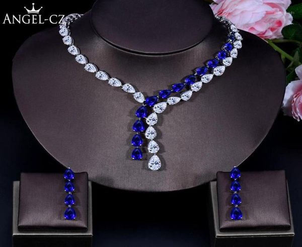 Серьги Ожерелье Angelcz идеальная вода капля CZ Crystal Royal Blue Stone Bridal Long Tassel и Серьки Женщины вечерние украшения SE2119922