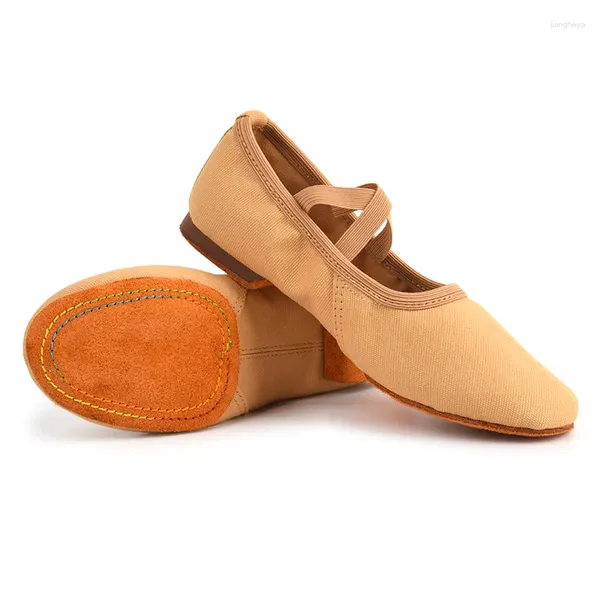 Sapatos de dança sem tração feminina elástica banda infantil canvas superior de couro macio sola de balé de 1 cm de calcanhar de jazz OurDoor Weel